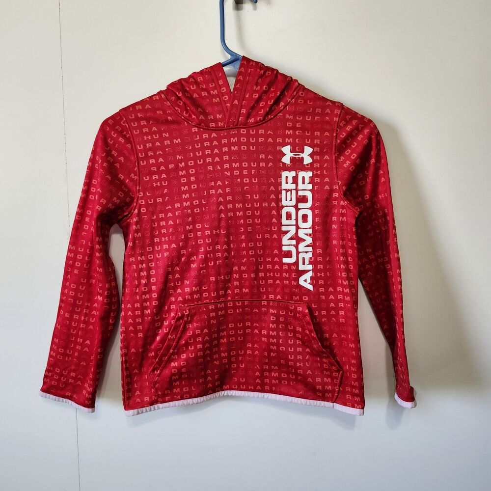 Under Armour Boys YSM Red Armour Fleece All Over Logo Hoodie Youth Small Used
